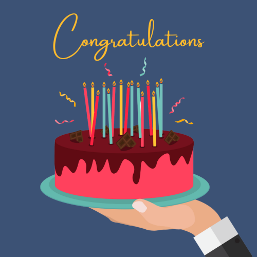 Congratulations, a man holding a cake.