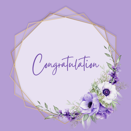 Congratulation, purple background and flower around the circle.