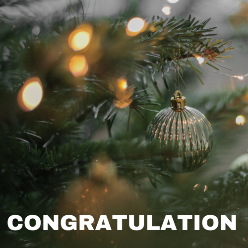 Congratulation, fairy lights and ball on background.