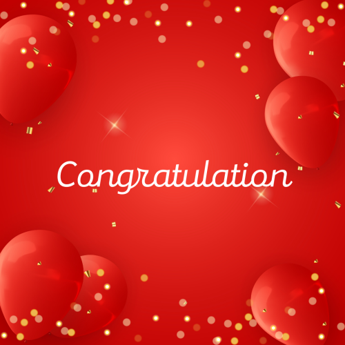 Congratulation, red balloons on red background.