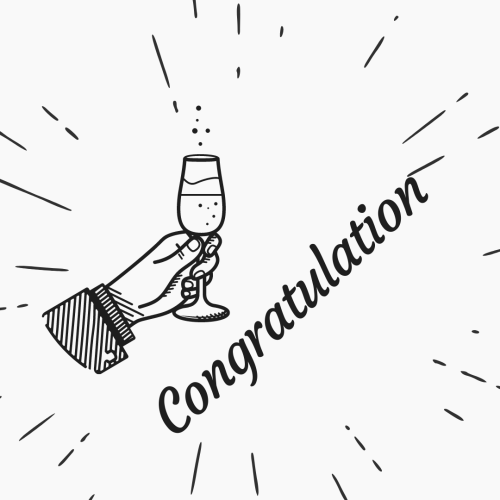 Congratulation, a hand holding a glass.