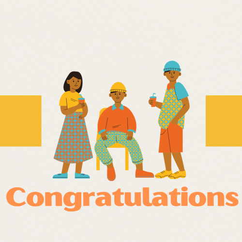 Two characters standing and one is sitting, Congratulations.