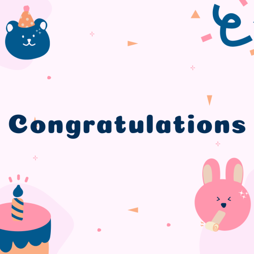 Congratulations, cake and different shapes on pink background.