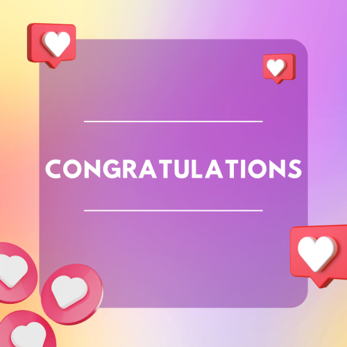 Congratulations, heart icons with purple theme design.