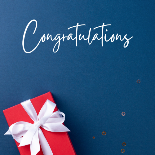 Congratulations, red gift on blue background.