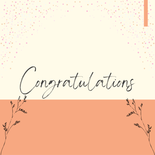 Congratulations, pink and white color wish card and flowers.