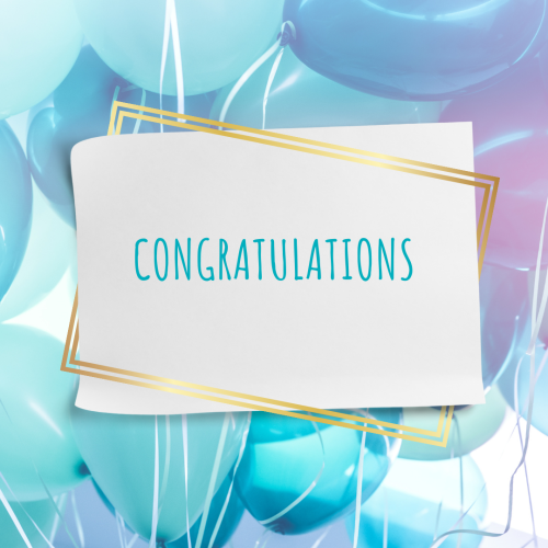 Congratulations, lots of blue balloons on the background.