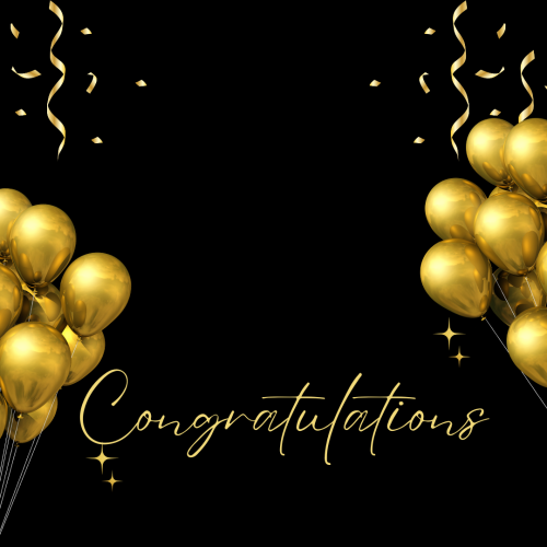 Golden balloons on a black wish card, Congratulations.