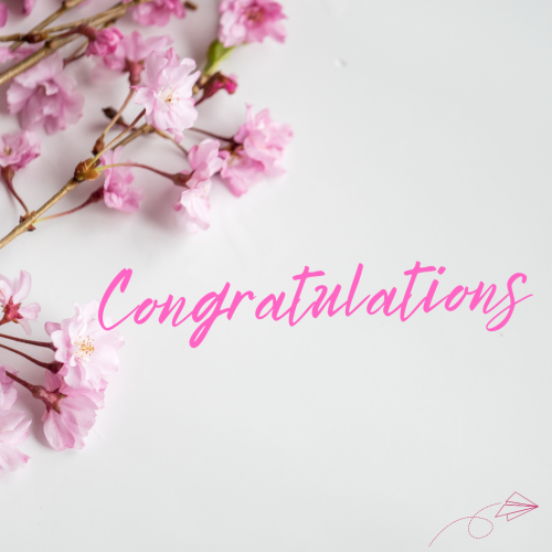 Congratulations, pink flowers on a white background.