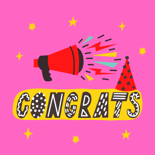 A loud speaker icon on a pink background, Congratulation.