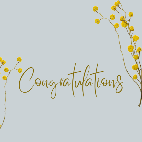 Congratulations, small yellow  flowers on a wish card.