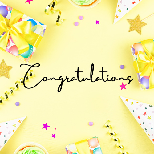 Congratulations, yellow background and birthday items.
