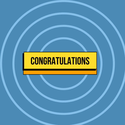 Congratulations, multiple white circles on a blue background.