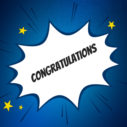Congratulations, white paper on blue background.