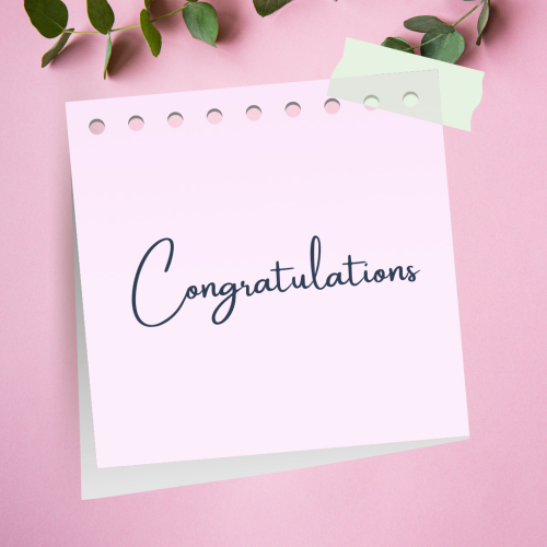A sticky note on pink background, Congratulations.