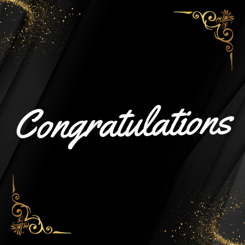 Congratulations, Black background and different golden patterns on it.