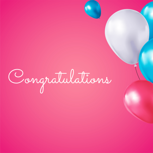 White blue and pink balloons on a pink background, Congratulation.