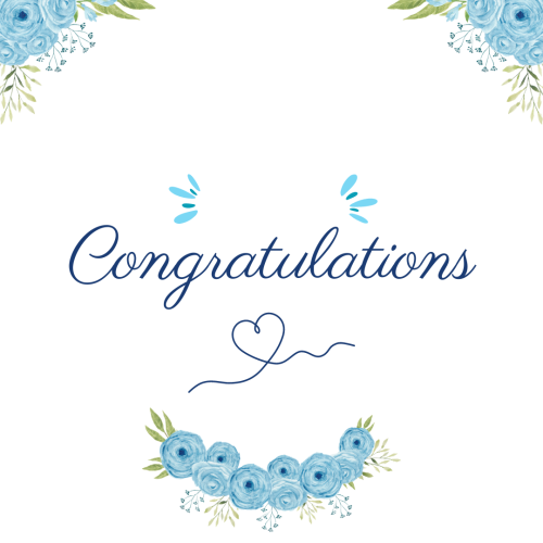 Blue flowers on wish card, Congratulations.