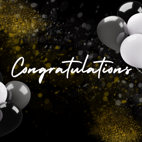 Silver, grey and white balloons on a black background, Congratulations.
