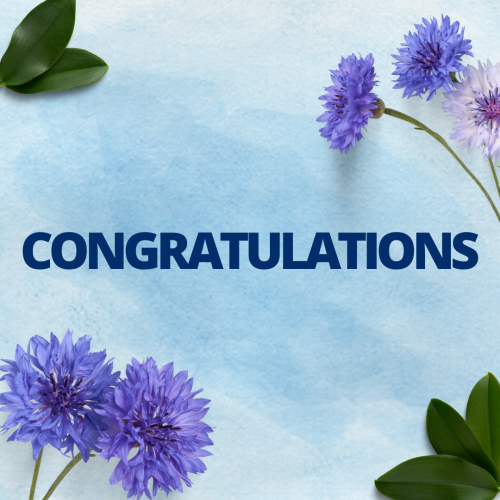 Green leaves and purple flowers on a purple background, Congratulations.