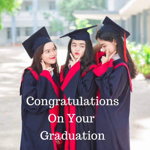  Three girls Standing In The Ground Of University. Congratulations On Your Graduation.