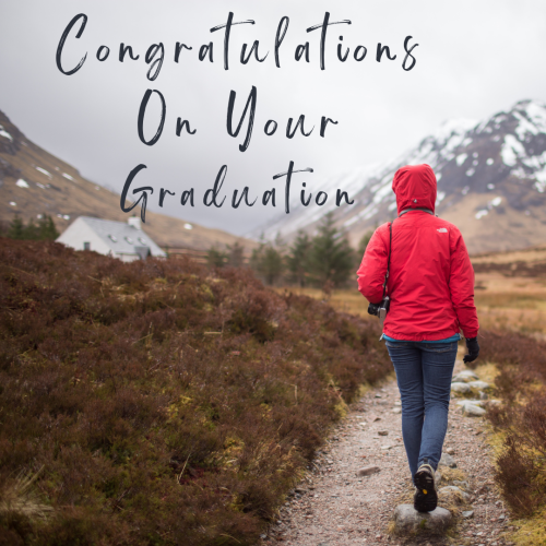 Congratulations On Your Graduation, Girl Wearing Red Jacket Walking Alone In The Mountains 