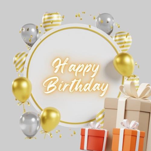 Gifts box and balloons on wish card Happy Birthday