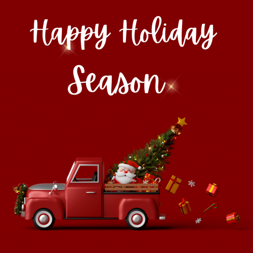 Santa and a Christmas tree in the back of truck, Happy holiday season.