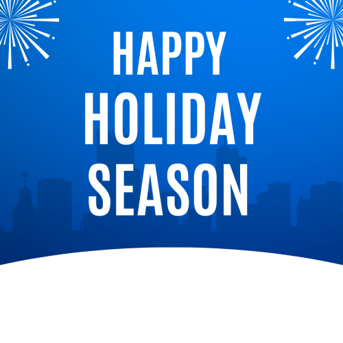 Happy holiday season, white and blue background and a city view.
