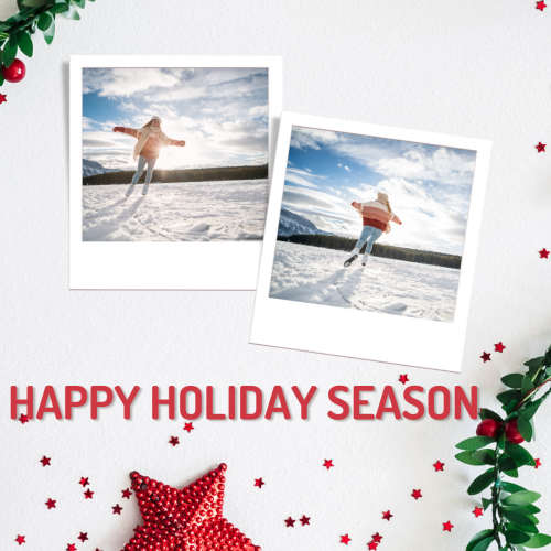 Happy holiday season, A girl in the snow and a star.