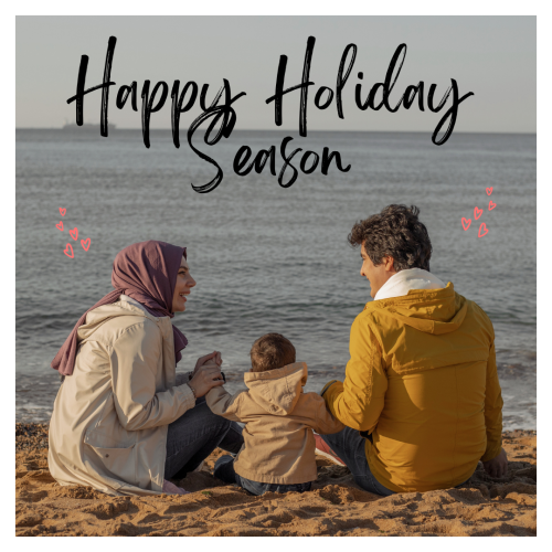 Couple with his child sitting on beach side, Happy Holiday Season.