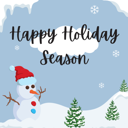 Happy holiday season, Snow man and trees covered with snow.