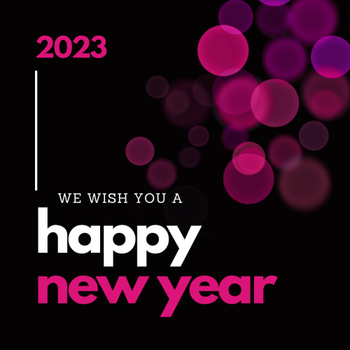 We Wish you a Happy New Year 2023,Pink blur design and black background.