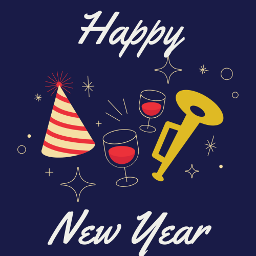 Happy new year, Horn and a glass of wine.