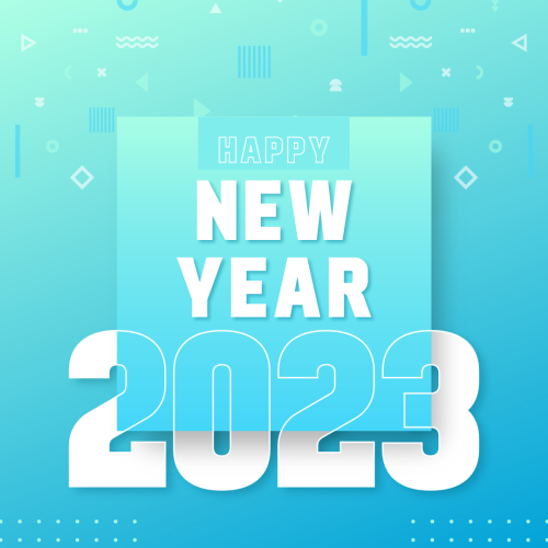 Blue background and different patterns on it, Happy New Year 2023.