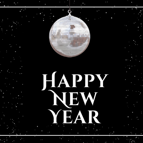 Disco ball hanging on top, Happy new year.