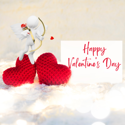 A character holding an arrow and two hearts, Happy valentine's day.