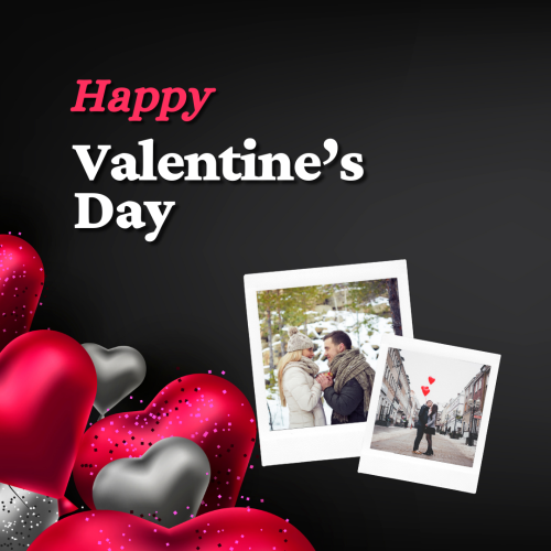 Happy Valentine's Day, pink and silver balloons on black background.