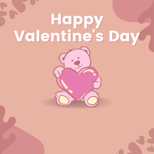 A teddy bear holding a heart, Happy Valentine's Day.