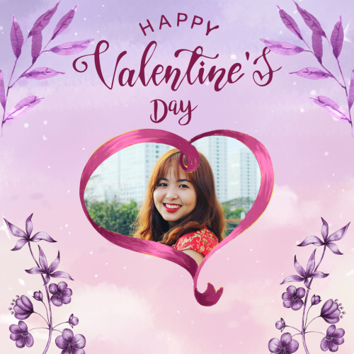 Happy Valentine's Day, purple flowers and girl photo in the background.