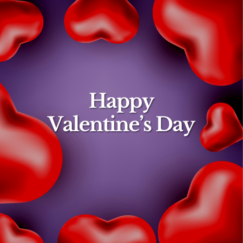 Happy Valentine's Day, a red heart on purple background.
