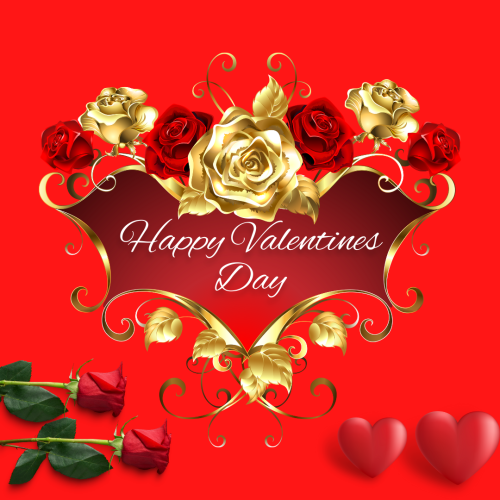 Red and golden roses and red background, Happy valentine' day.