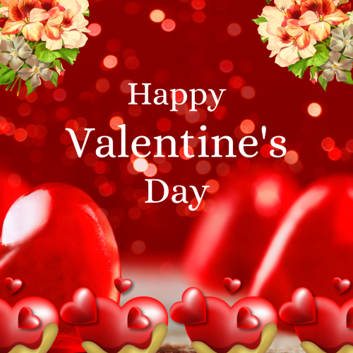 Happy Valentine's Day, flowers on top and red heart on design.