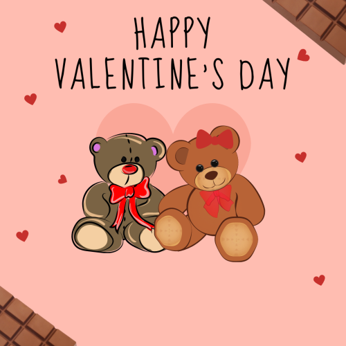 Two teddy bears in the center, Happy Valentine's Day.