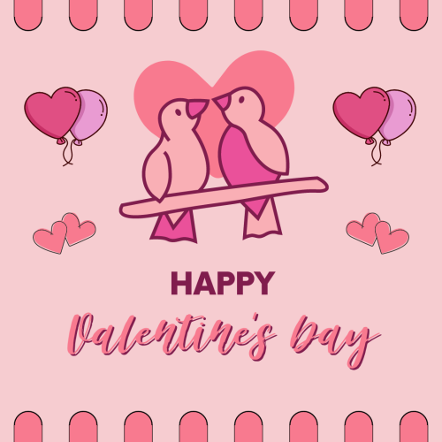 Two birds and balloons on a design, Happy Valentine's Day.
