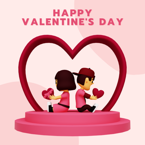 Two characters sitting in the center and holding hearts, Happy Valentine's Day.