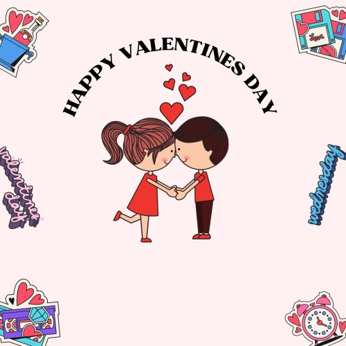 Happy valentines day, a cartoon couple in the center.