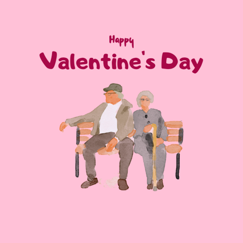 The old couple sitting on the bench, Happy valentines day. 