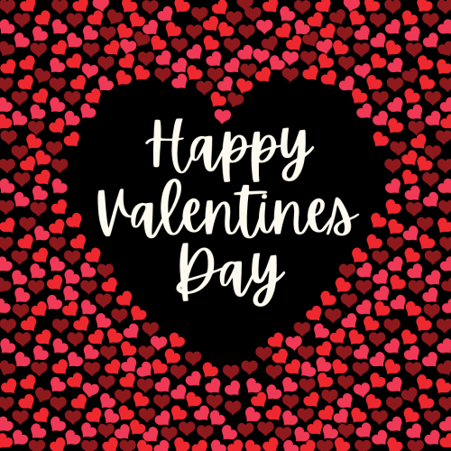 Happy valentines day, lots of mini hearts on black background.