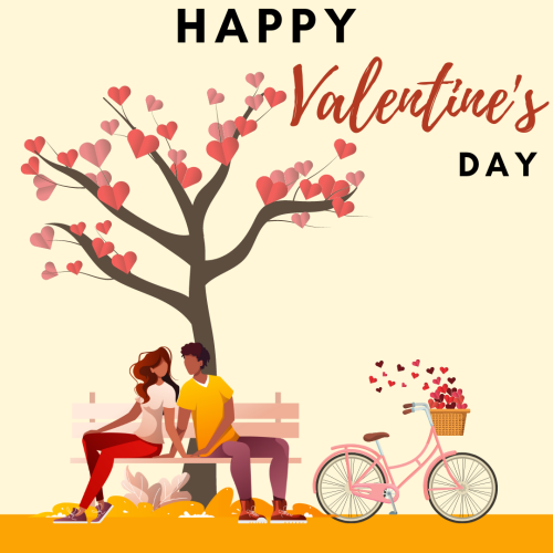 A tree a cycle and couple sitting on a bench, Happy valentines Day.